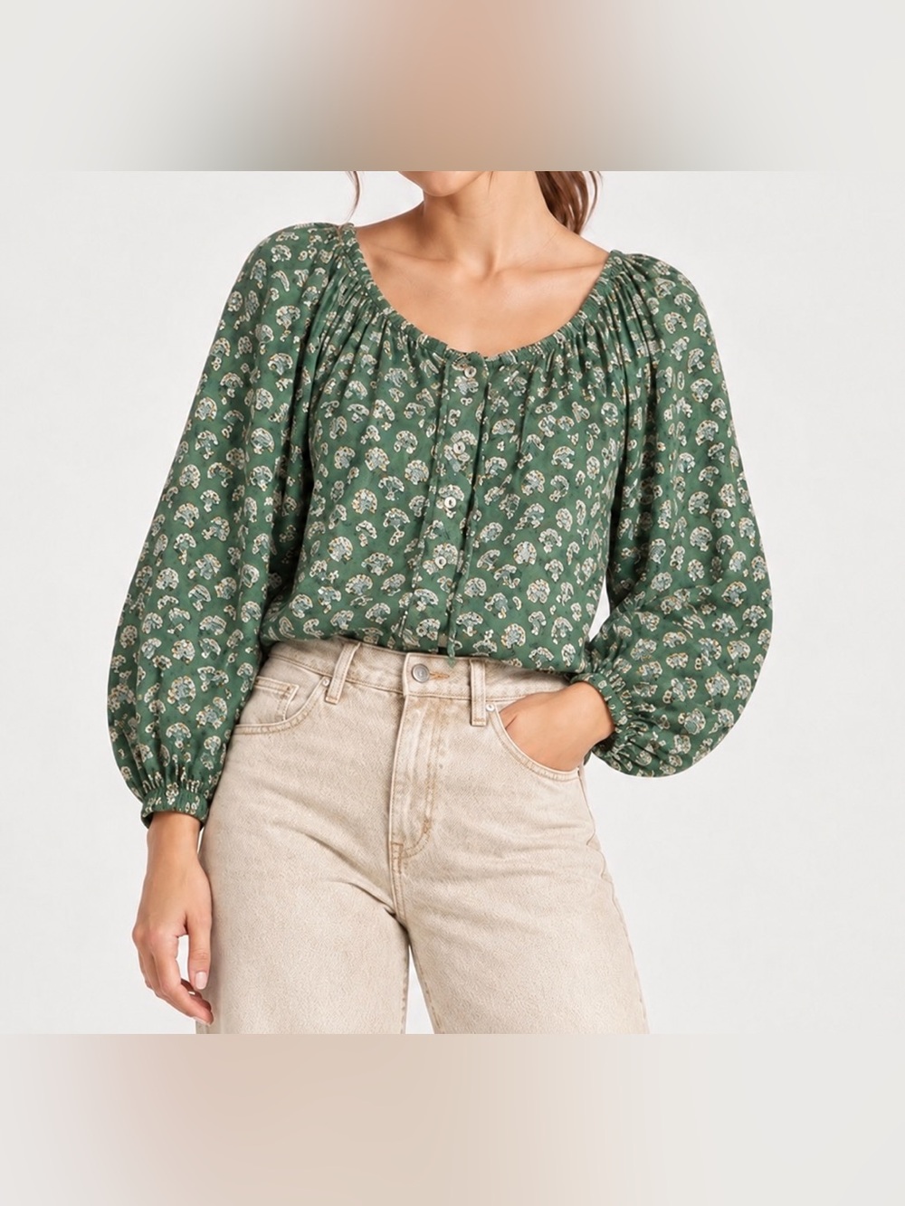Emerson Fry Green Organic Cotton Button Front Round Neck Blouse S